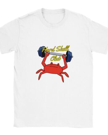 Unisex t-shirt featuring a cartoon crab lifting weights, printed on white cotton fabric