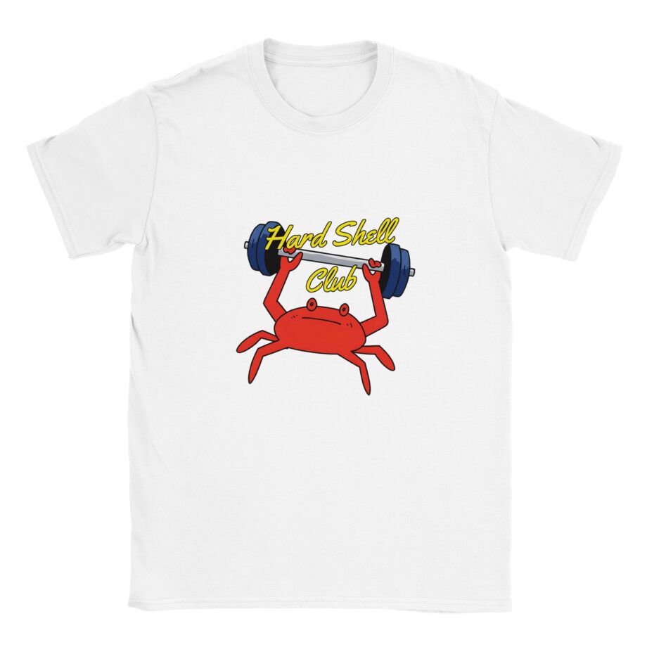 Unisex t-shirt featuring a cartoon crab lifting weights, printed on white cotton fabric