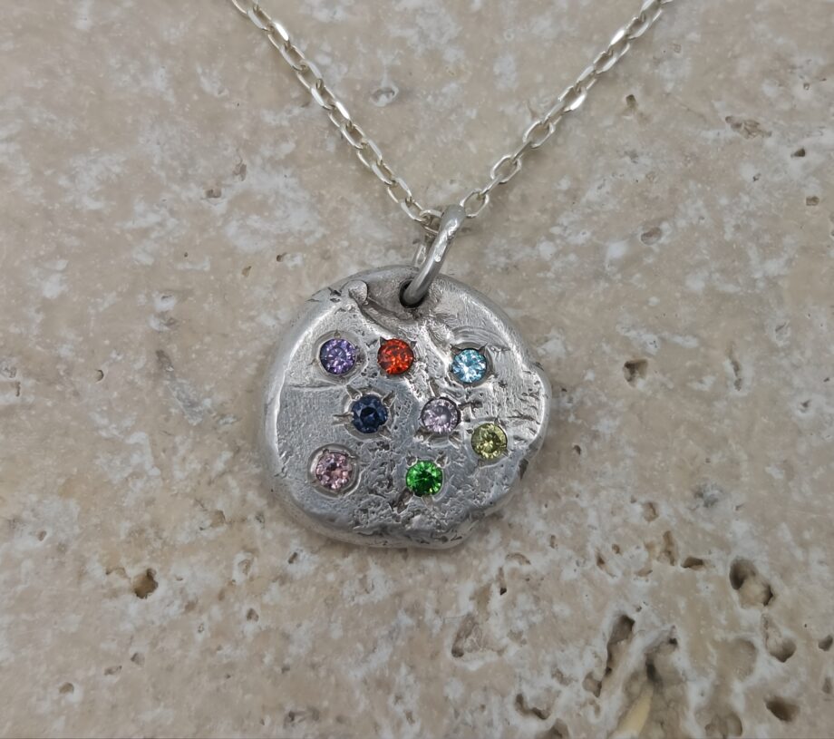 Molten Silver Pendant with Multi-Coloured CZ Gems