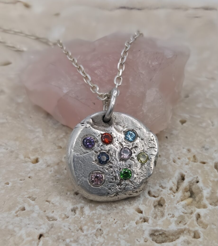 Molten Silver Pendant with Multi-Coloured CZ Gems