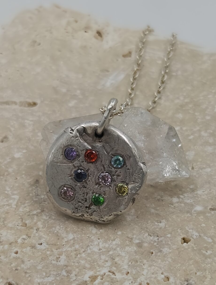 Molten Silver Pendant with Multi-Coloured CZ Gems
