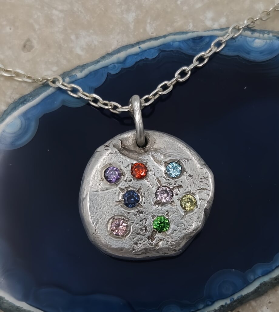 Molten Silver Pendant with Multi-Coloured CZ Gems