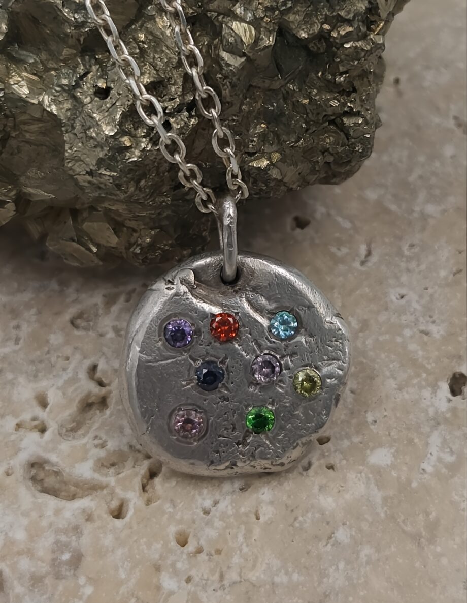 Molten Silver Pendant with Multi-Coloured CZ Gems