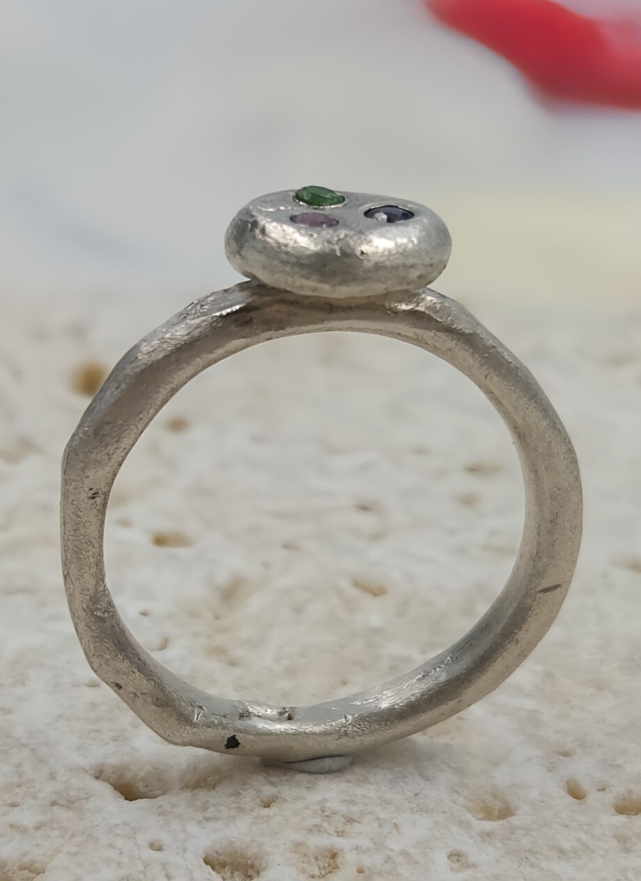 Sterling Silver Pebble Ring with Trio of Flush Set CZ Stones