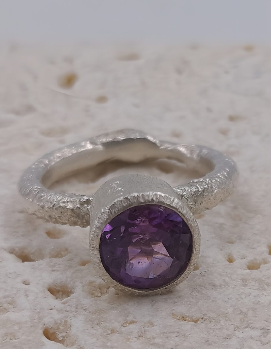 Forged Silver Ring with Faceted Purple Amethyst