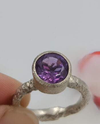 Forged Silver Ring with Faceted Purple Amethyst