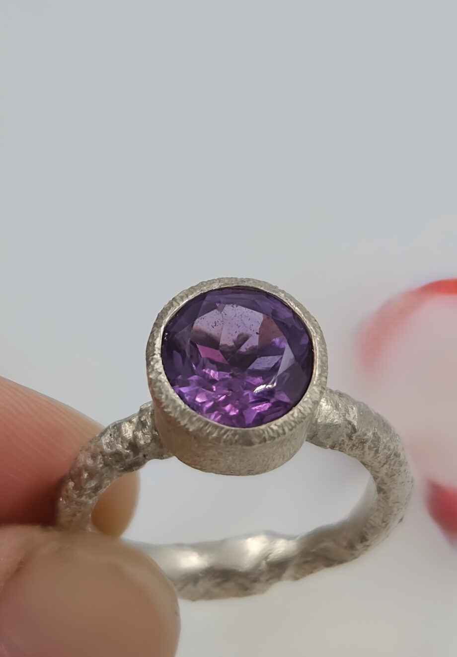 Forged Silver Ring with Faceted Purple Amethyst