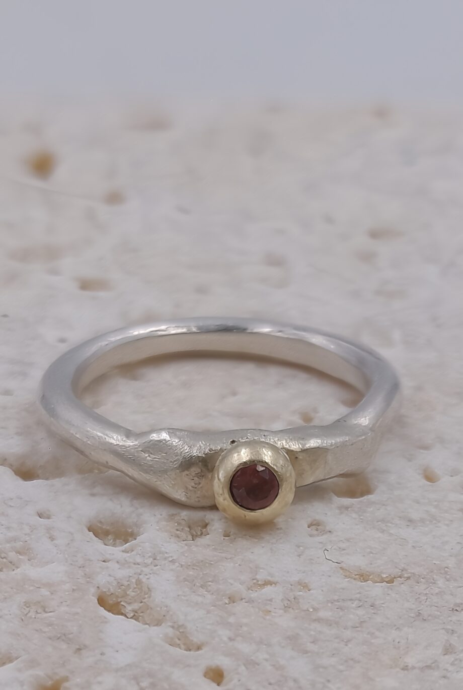 Molten Silver Pinky Ring with Gold Granule and Garnet