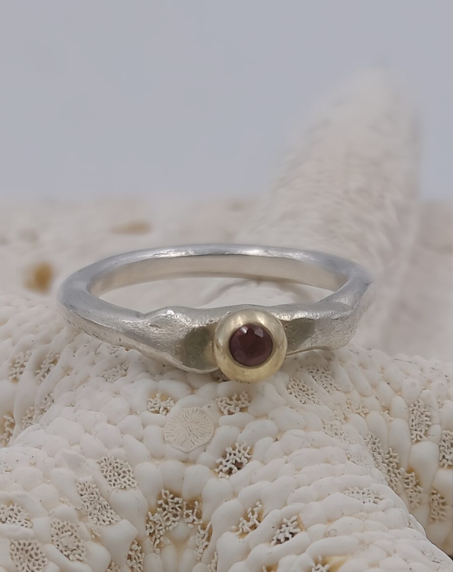 Molten Silver Pinky Ring with Gold Granule and Garnet
