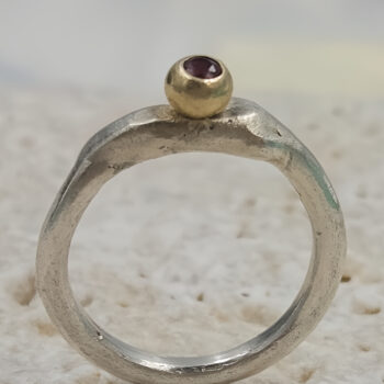 Molten Silver Pinky Ring with Gold Granule and Garnet
