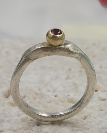 Molten Silver Pinky Ring with Gold Granule and Garnet