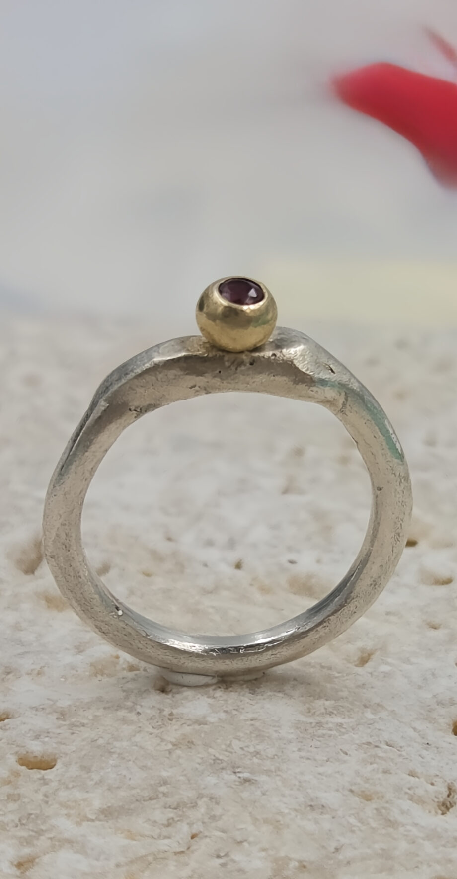Molten Silver Pinky Ring with Gold Granule and Garnet