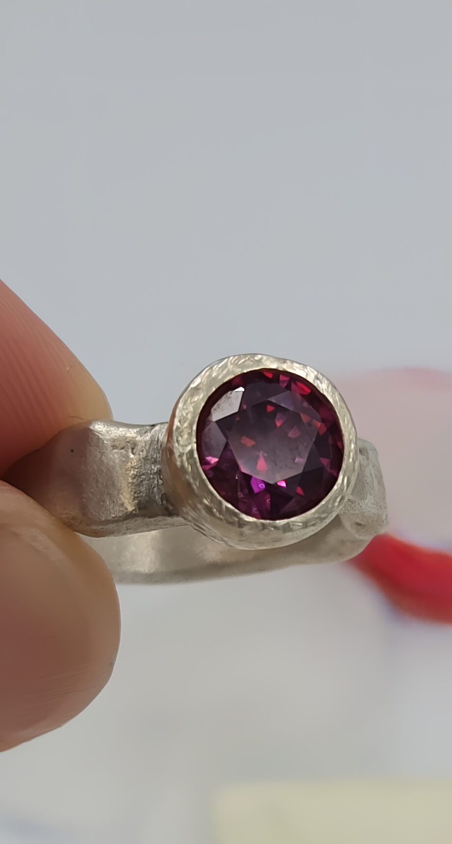 Forged Silver Ring with Pink Faceted Cubic Zirconia