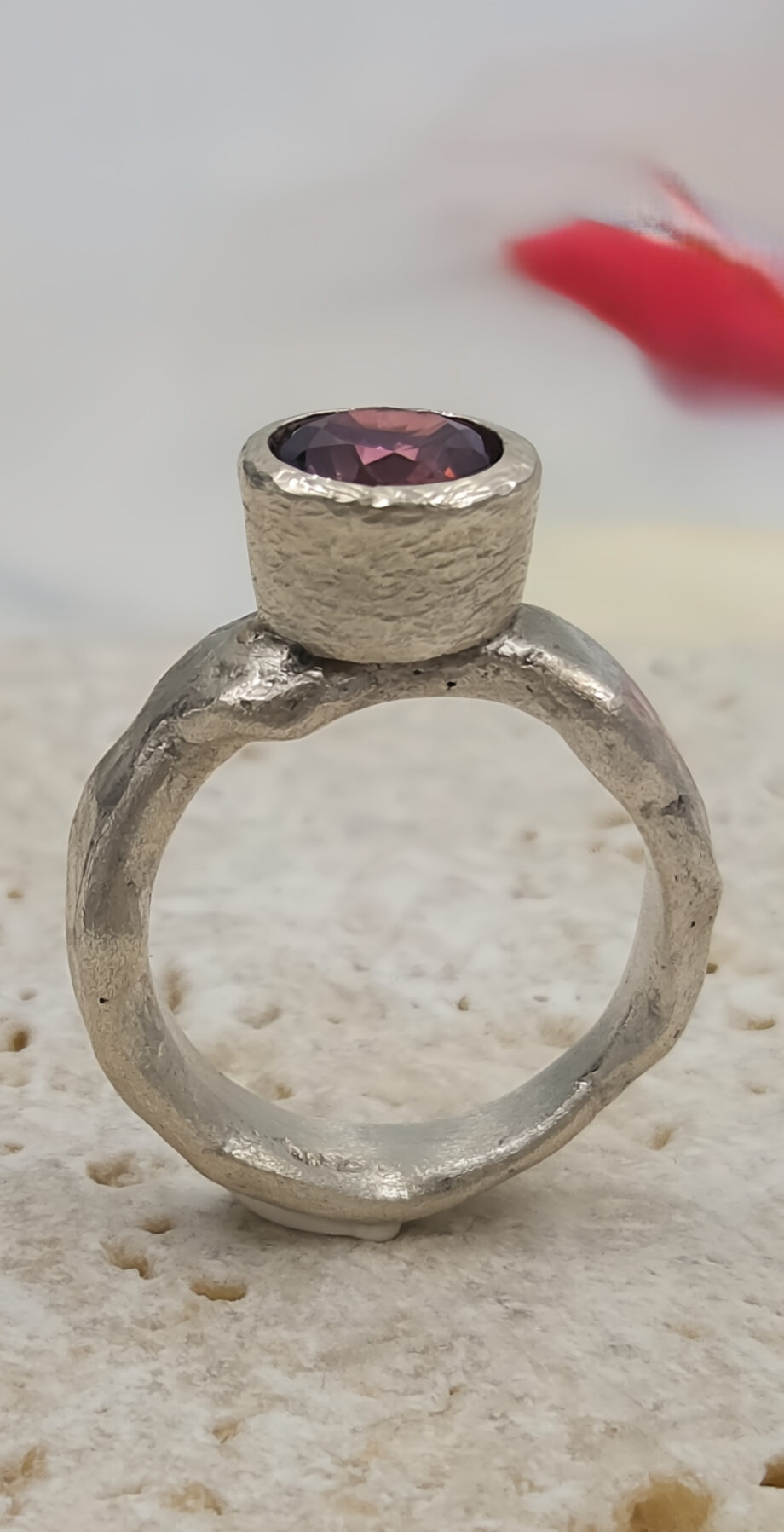 Forged Silver Ring with Pink Faceted Cubic Zirconia
