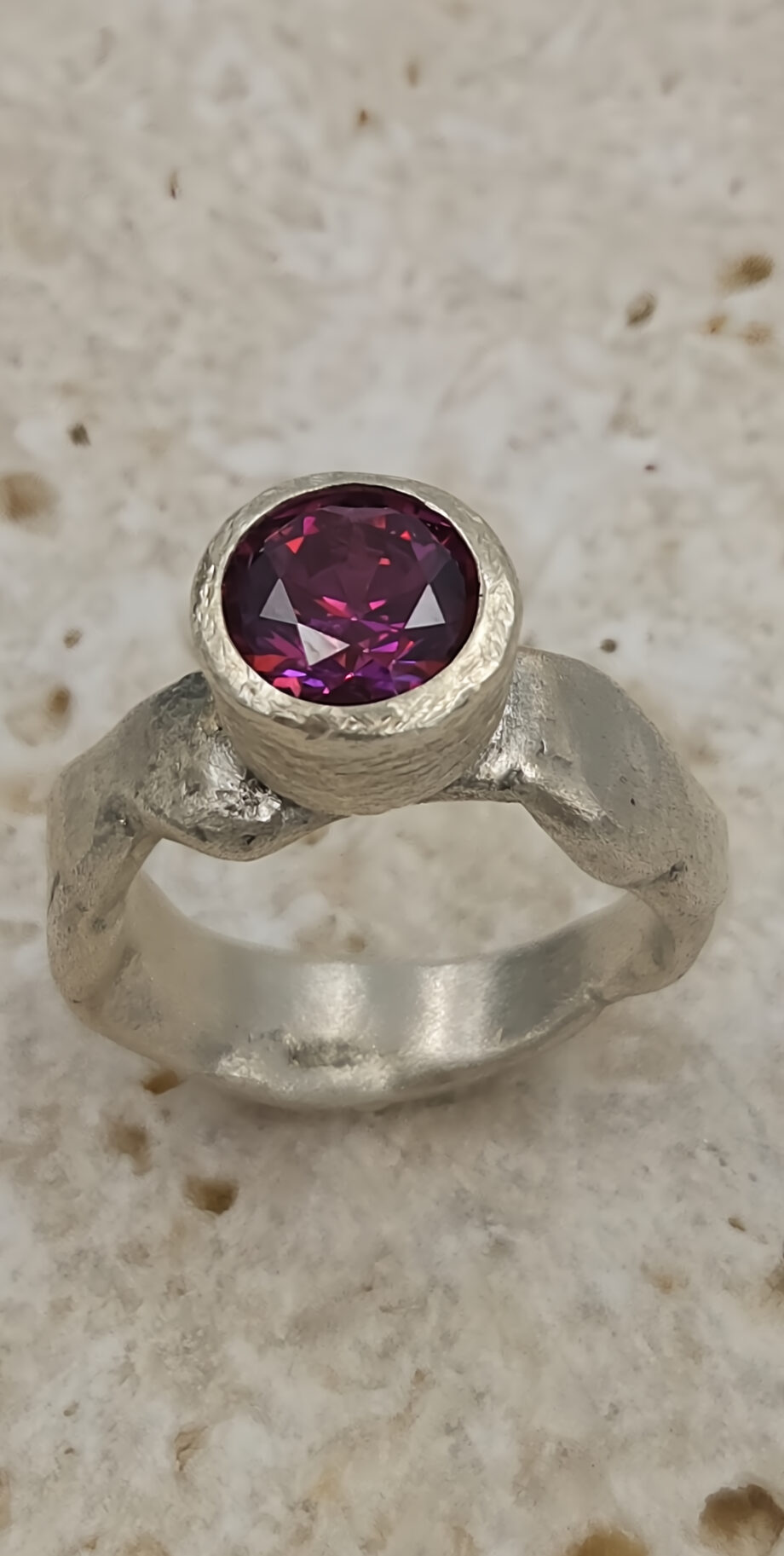 Forged Silver Ring with Pink Faceted Cubic Zirconia