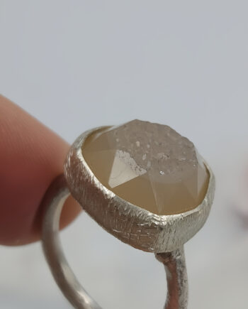 Textured Silver Ring with Quartz Druzy