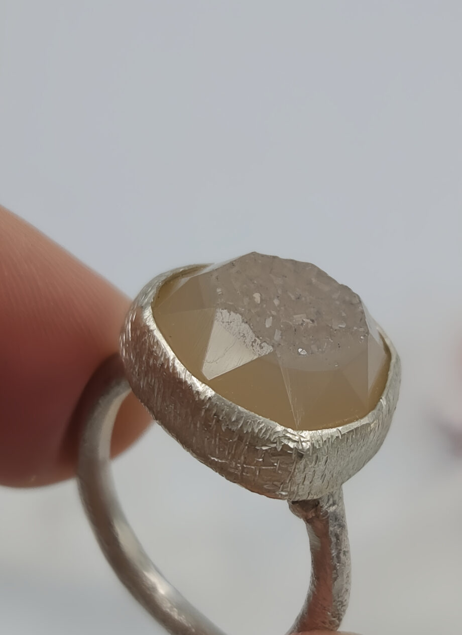 Textured Silver Ring with Quartz Druzy