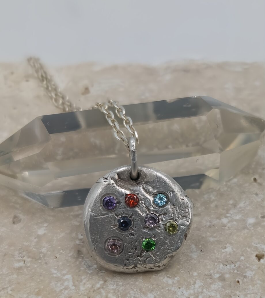 Molten Silver Pendant with Multi-Coloured CZ Gems