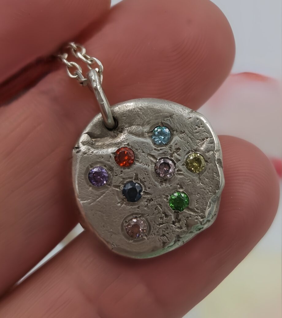 Molten Silver Pendant with Multi-Coloured CZ Gems