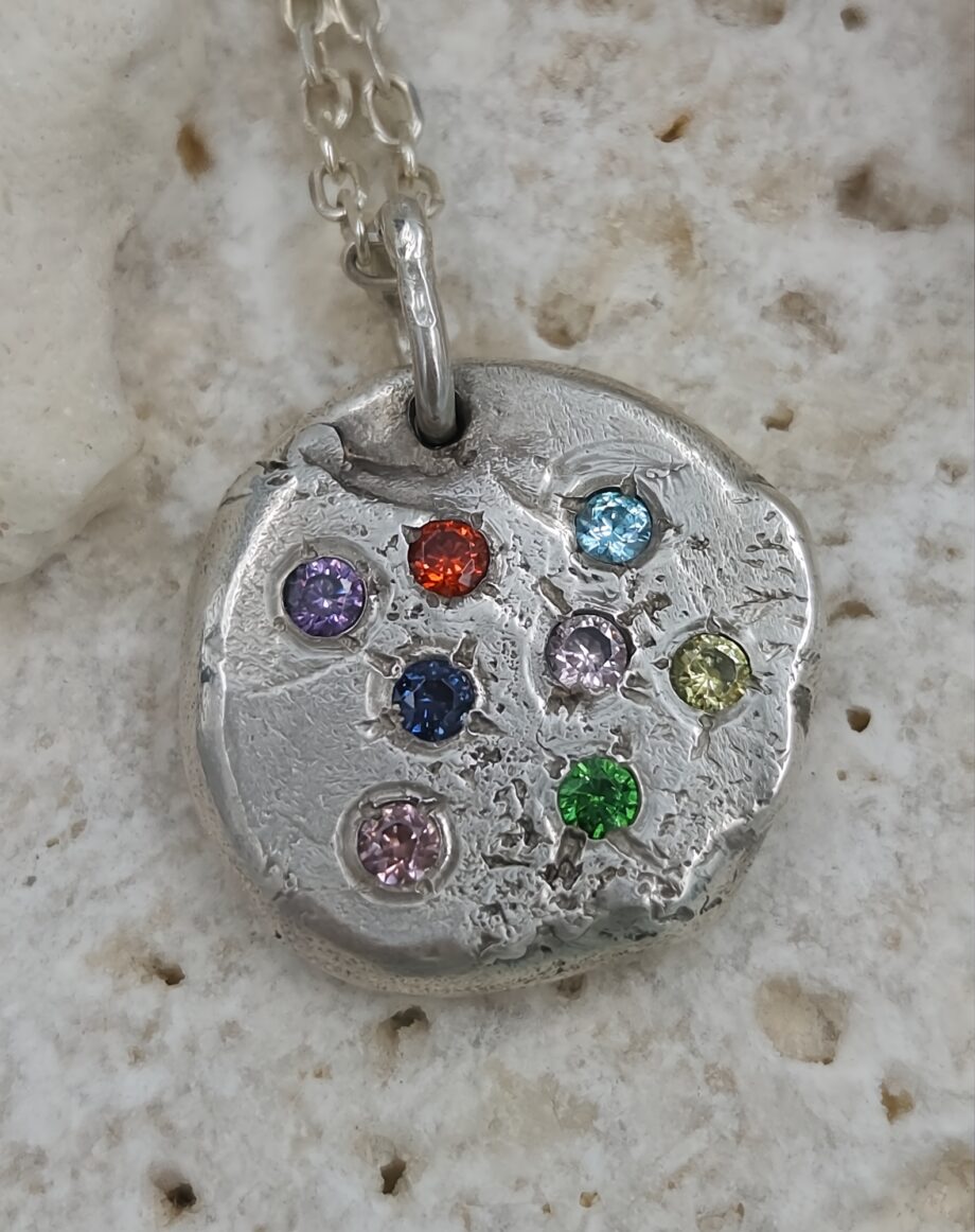 Molten Silver Pendant with Multi-Coloured CZ Gems