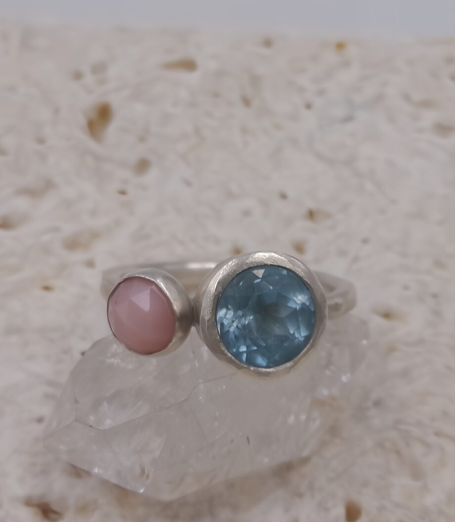Blue Topaz and Pink Opal Double Stone Ring