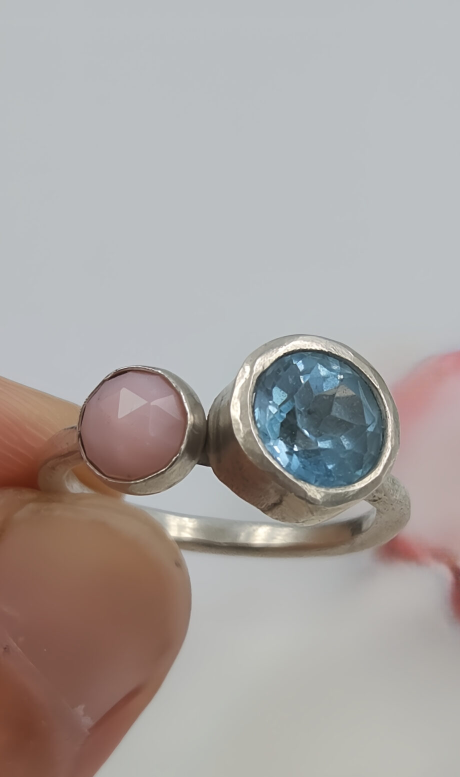 Blue Topaz and Pink Opal Double Stone Ring