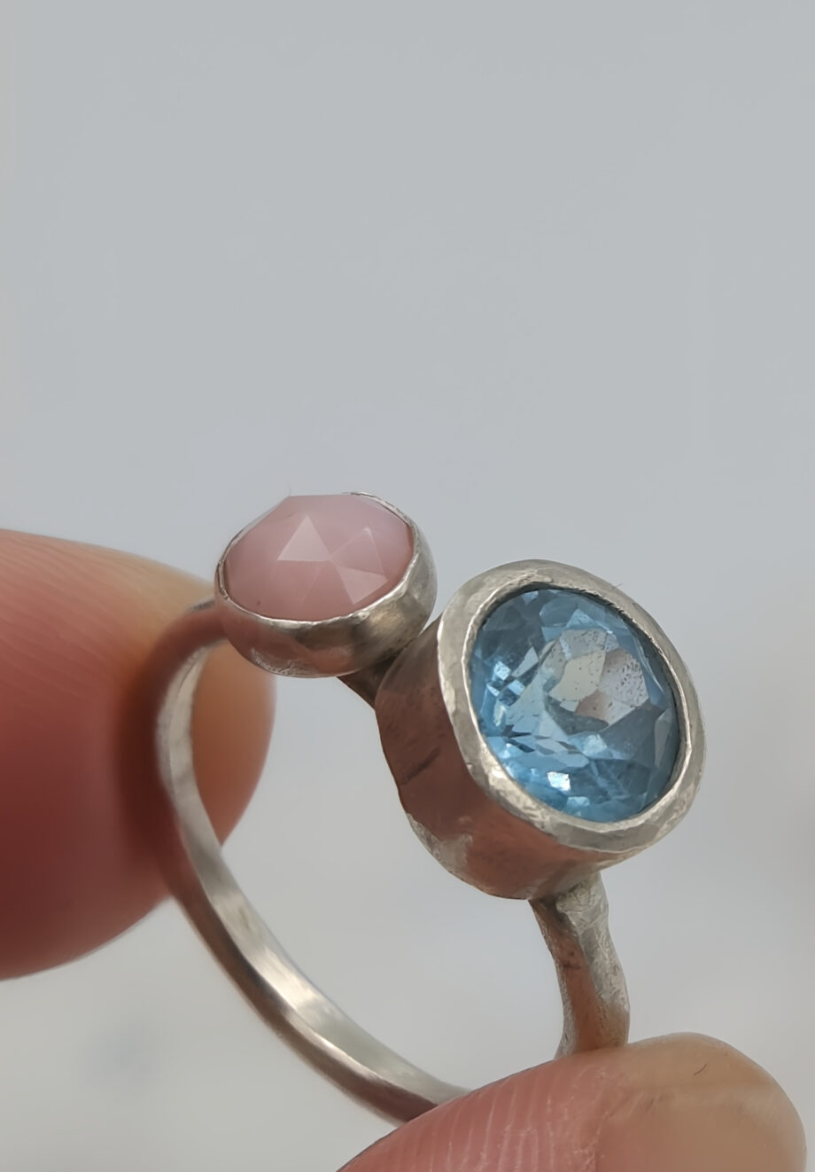 Blue Topaz and Pink Opal Double Stone Ring