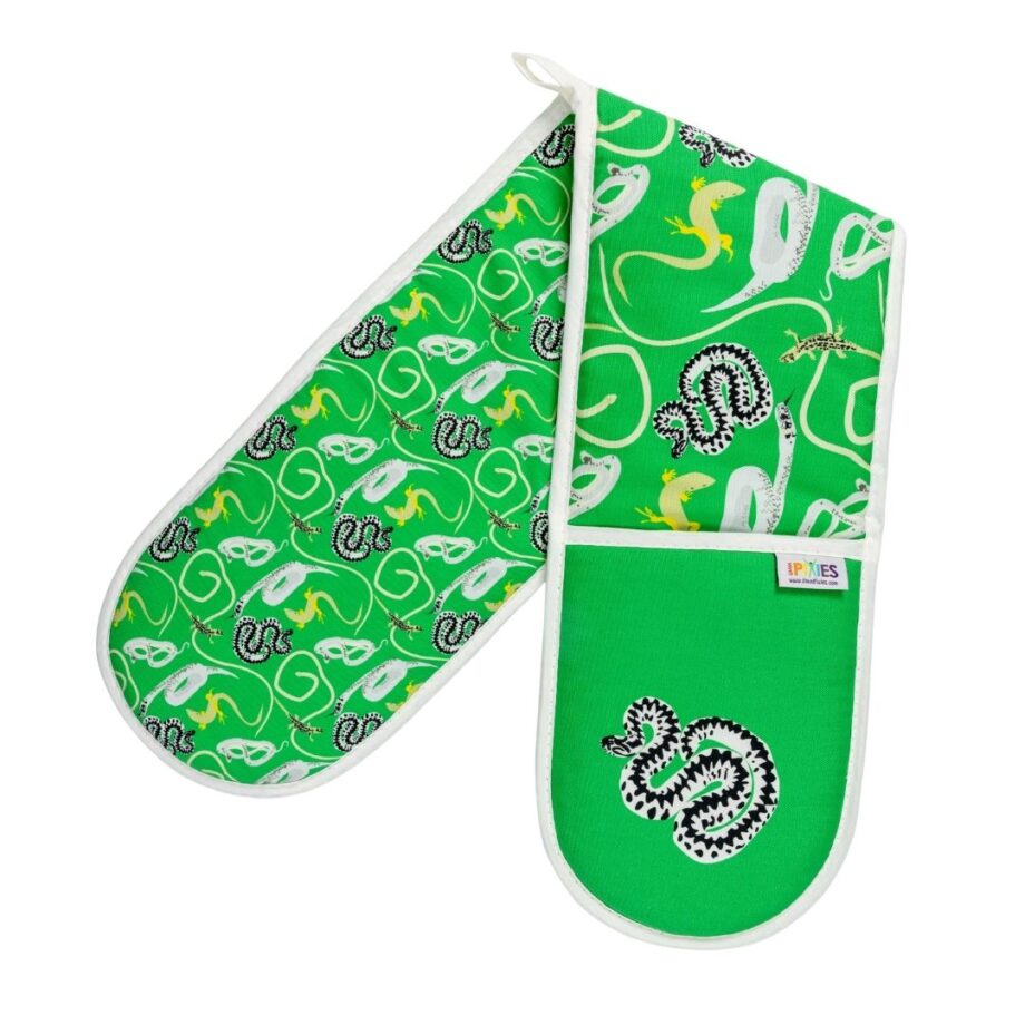 Bright Green Ovengloves featuring UmmPixies' illustrations of British reptiles