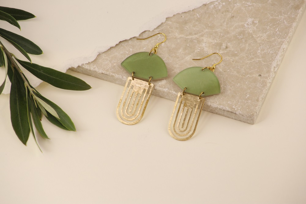 Jade Brass Art Deco Fan Drop Earrings