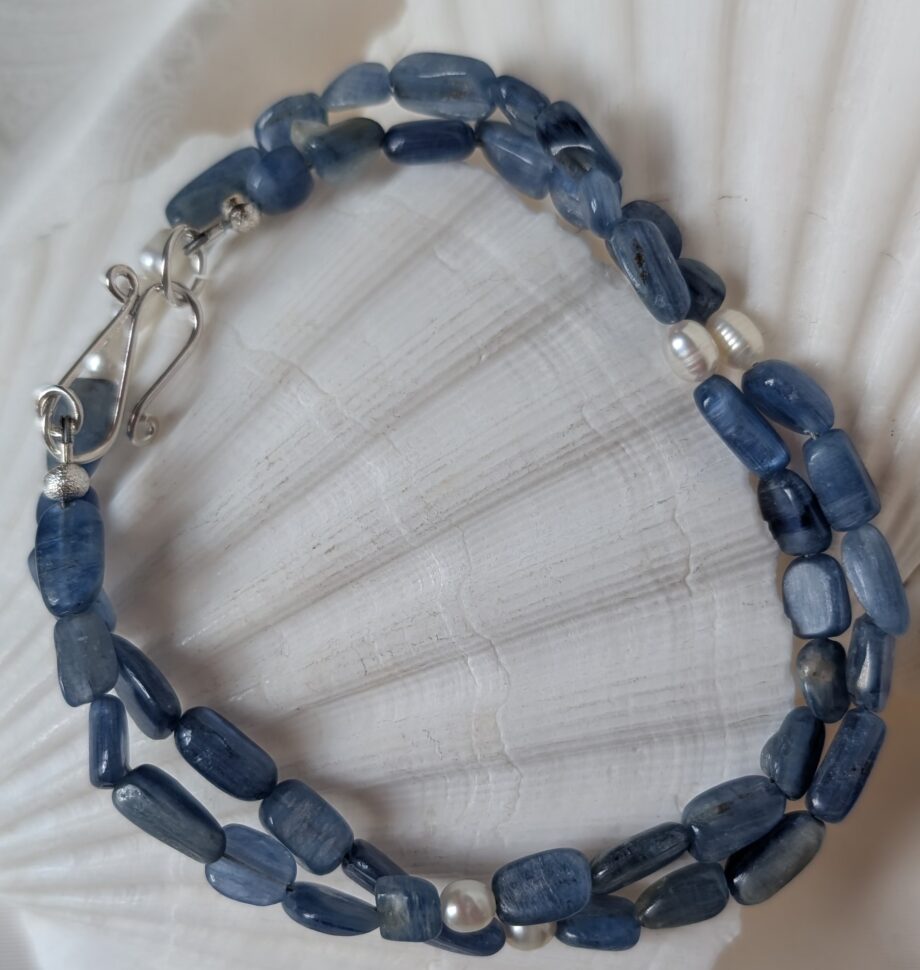 Kyanite Beaded Necklace with Cultured Pearls – Handmade in London