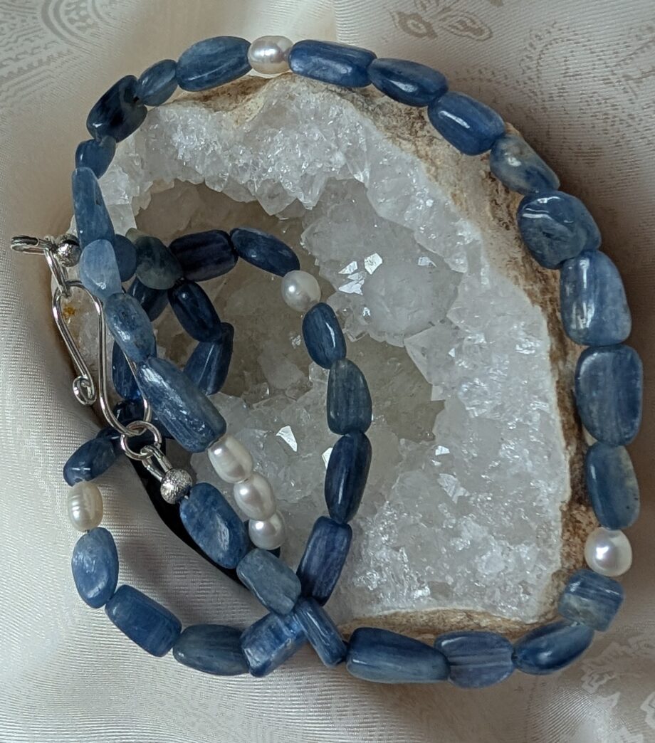 Kyanite Beaded Necklace with Cultured Pearls – Handmade in London