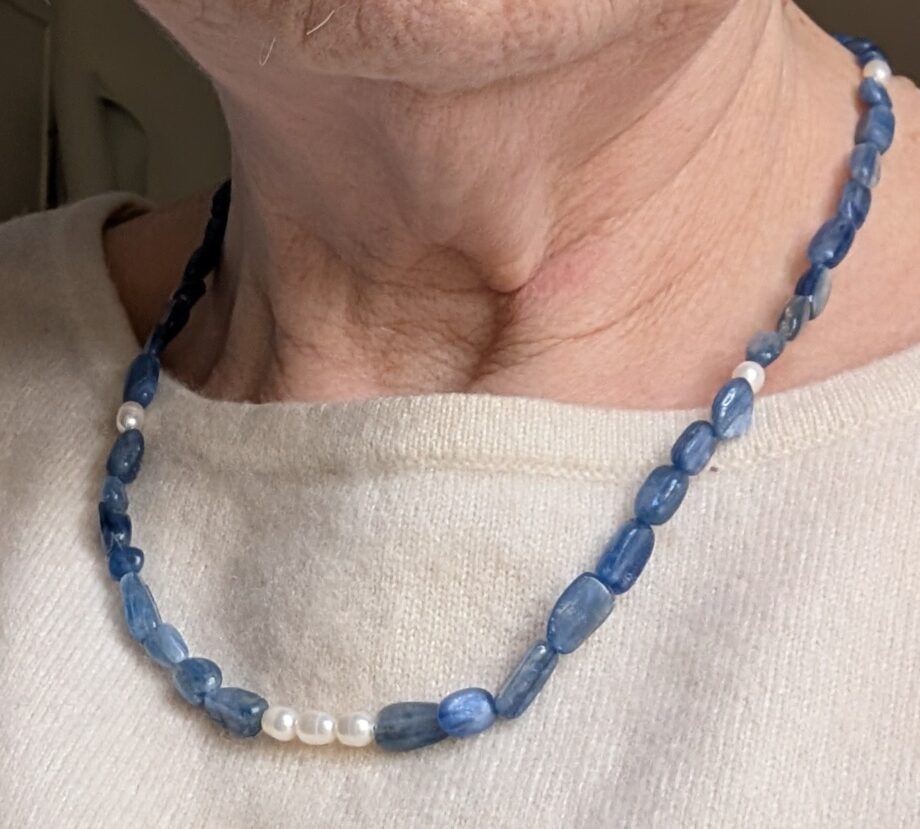 Kyanite Beaded Necklace with Cultured Pearls – Handmade in London
