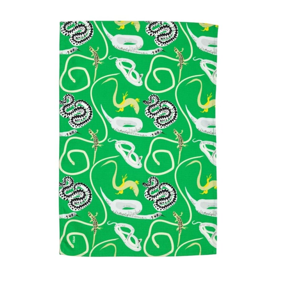 Bright green tea towel with snakes and lizards pattern shown laid flat on a white background