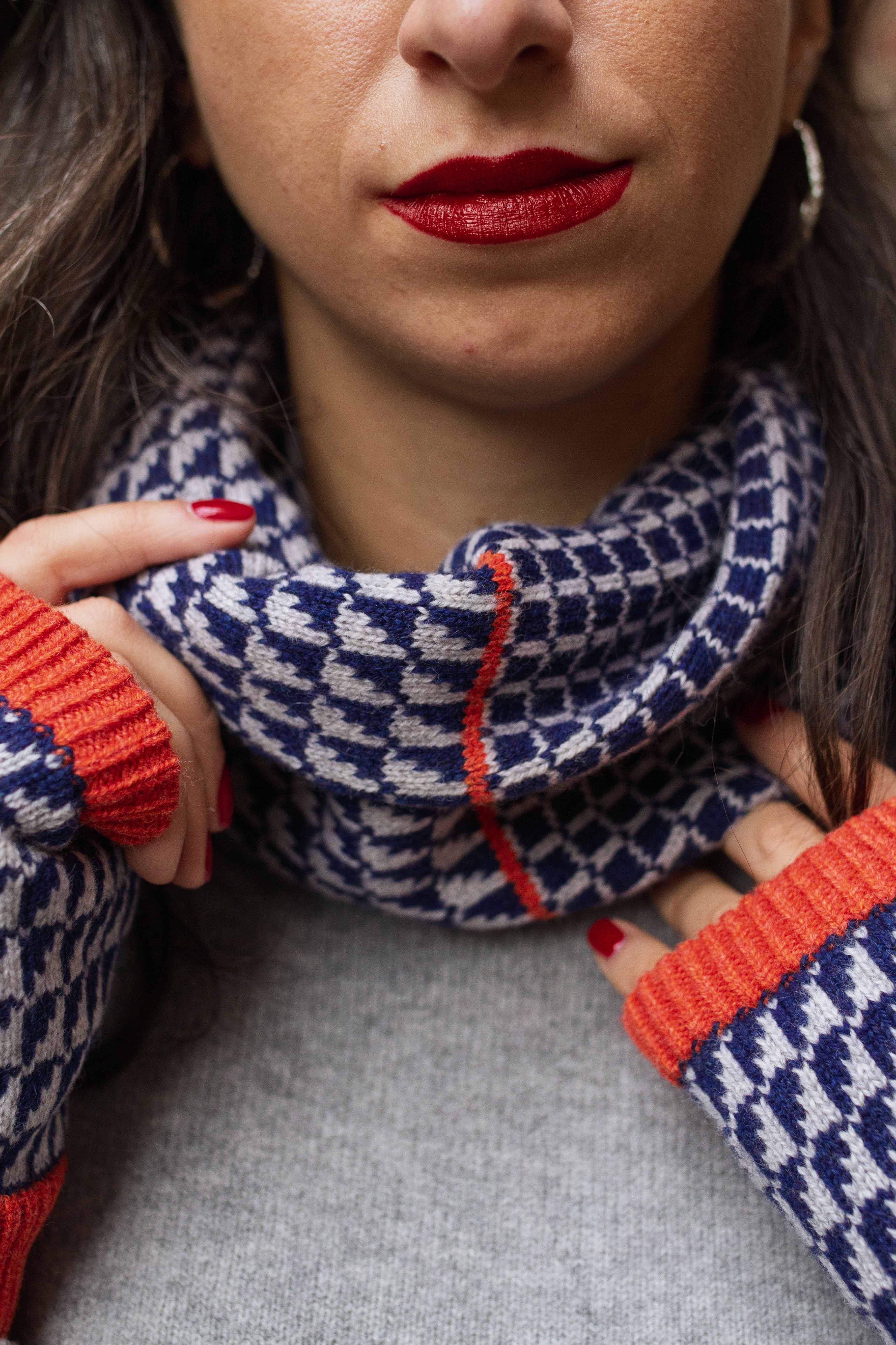 Merino navy and grey snood with orange stripe