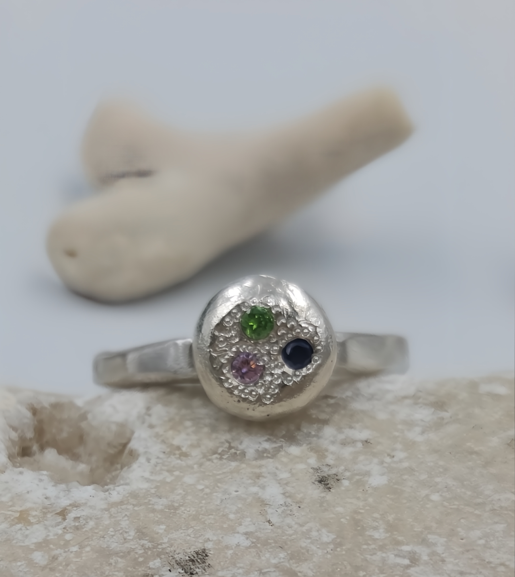 Sterling Silver Pebble Ring with Trio of Flush Set CZ Stones