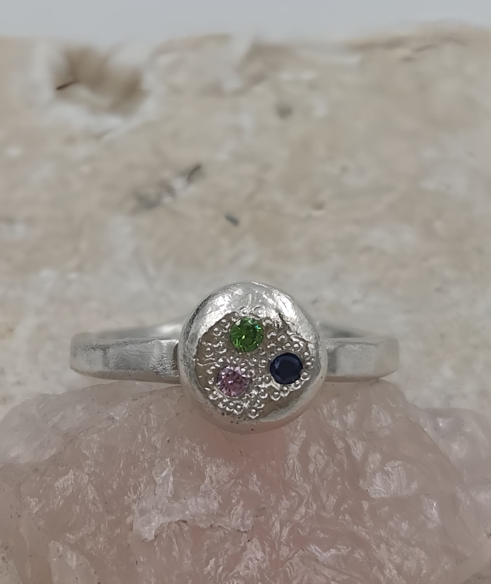 Sterling Silver Pebble Ring with Trio of Flush Set CZ Stones