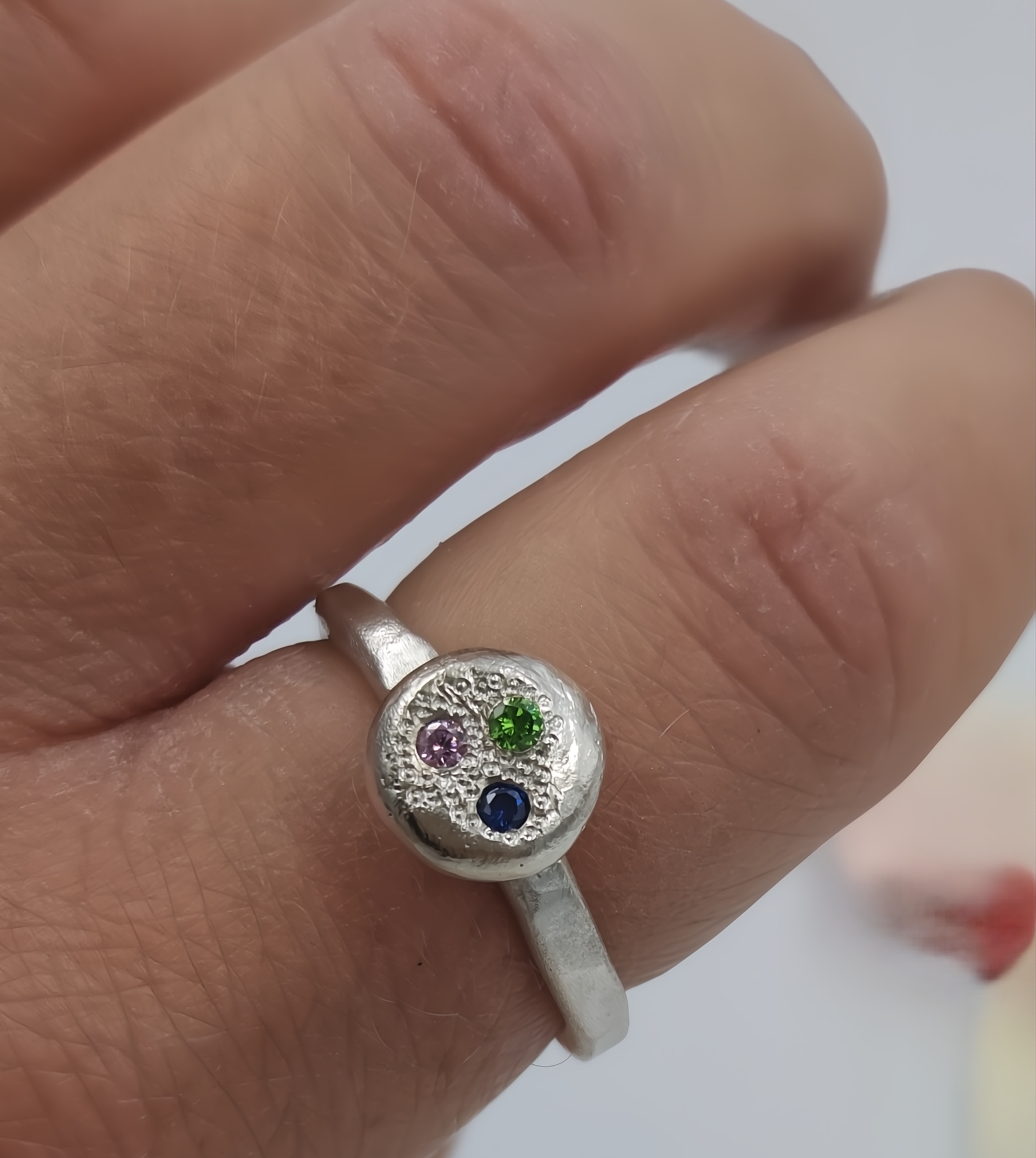 Sterling Silver Pebble Ring with Trio of Flush Set CZ Stones
