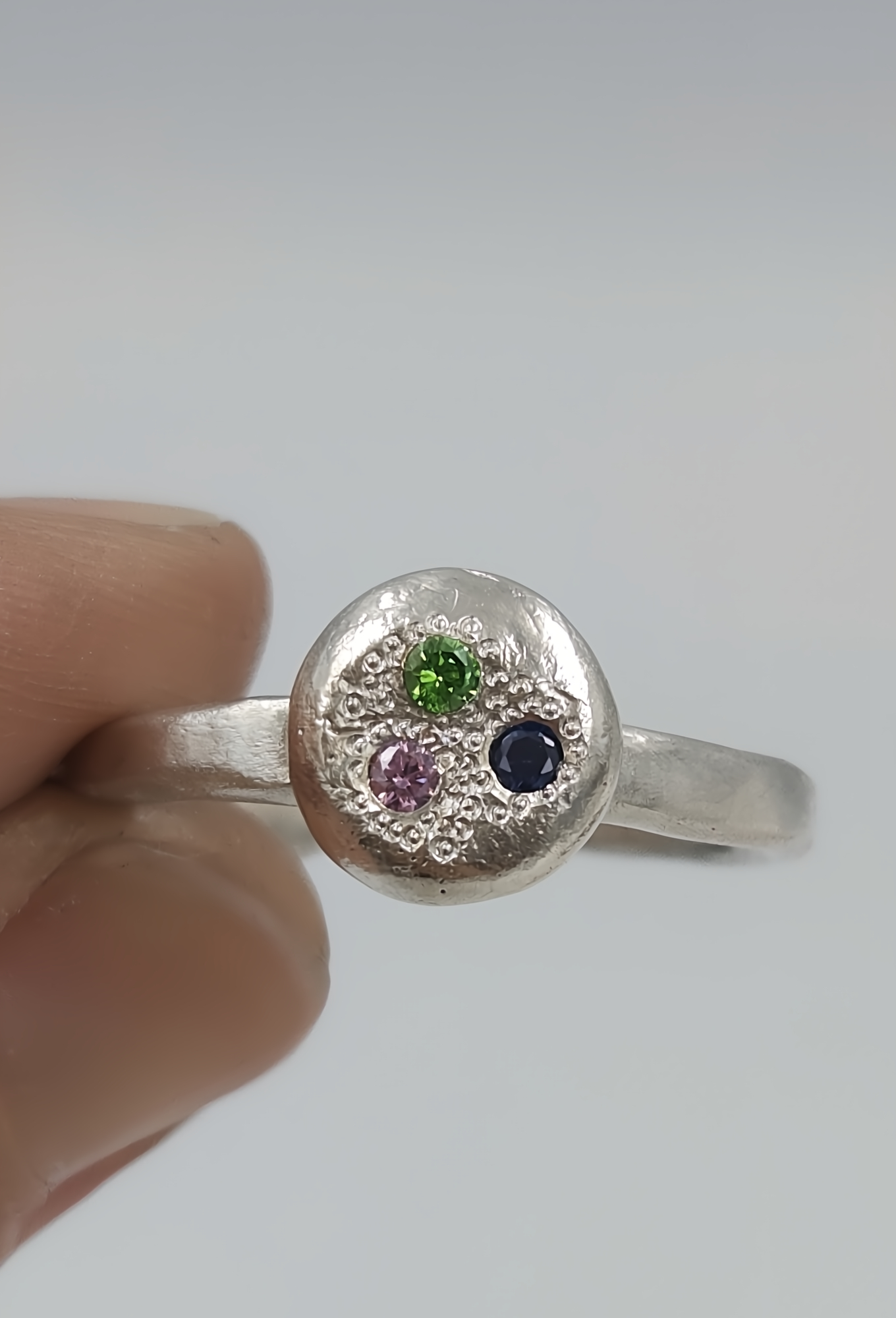 Sterling Silver Pebble Ring with Trio of Flush Set CZ Stones