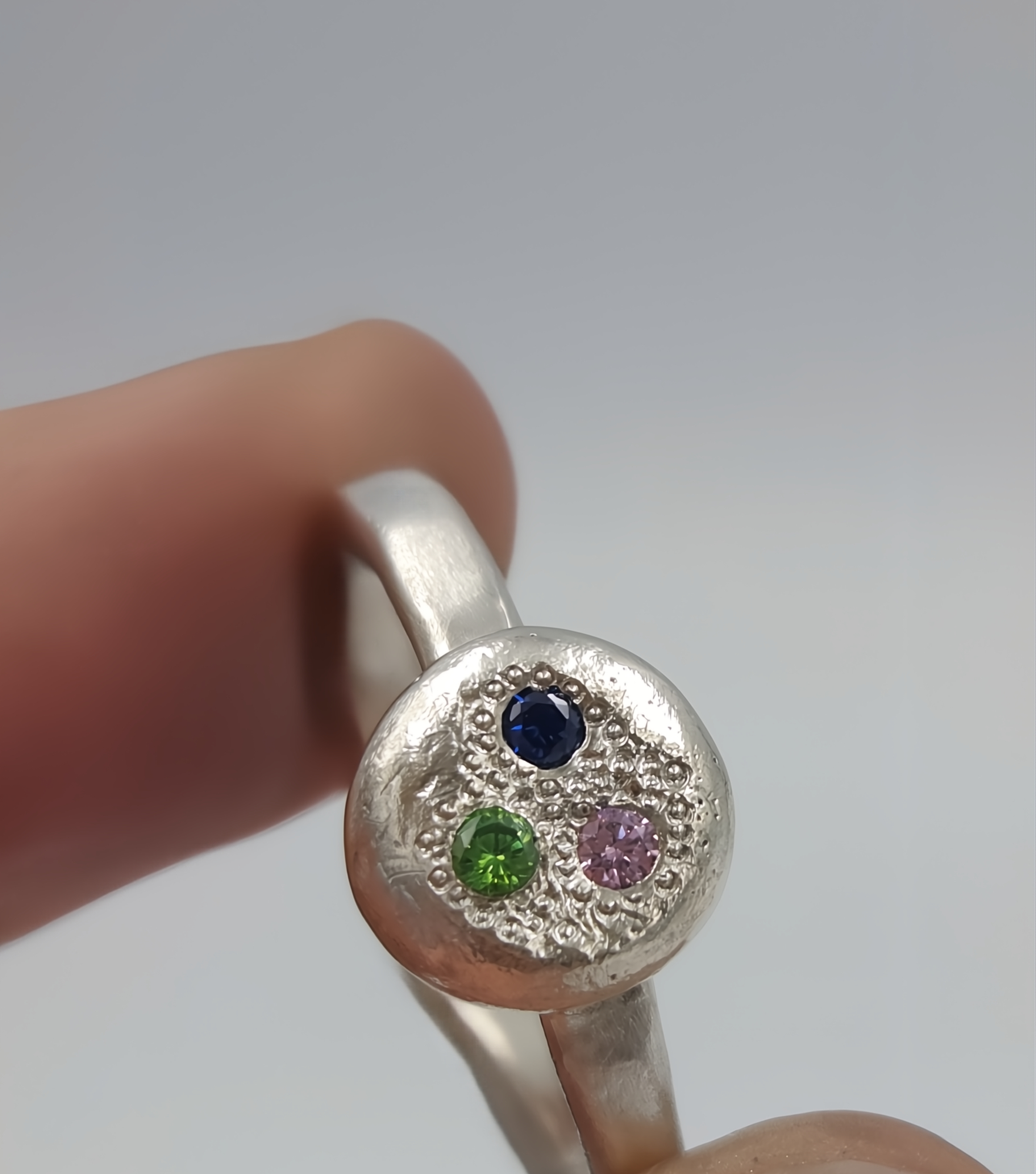 Sterling Silver Pebble Ring with Trio of Flush Set CZ Stones