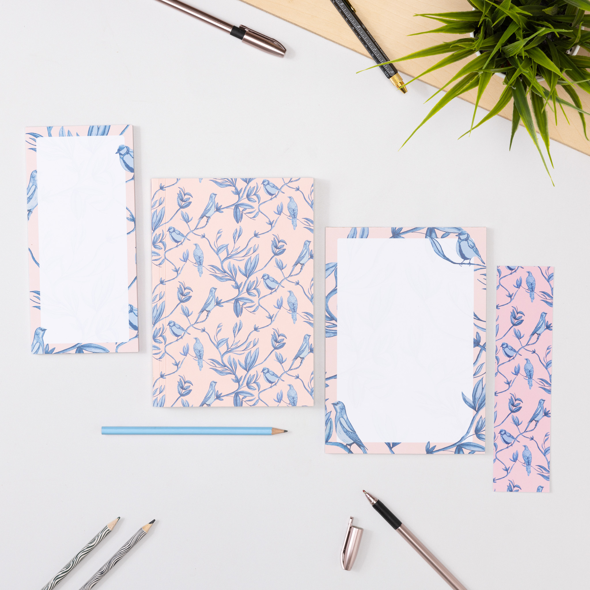 Brighton Birds stationery set including List pad, lay flat notebook, A5 notepad and bookmark.