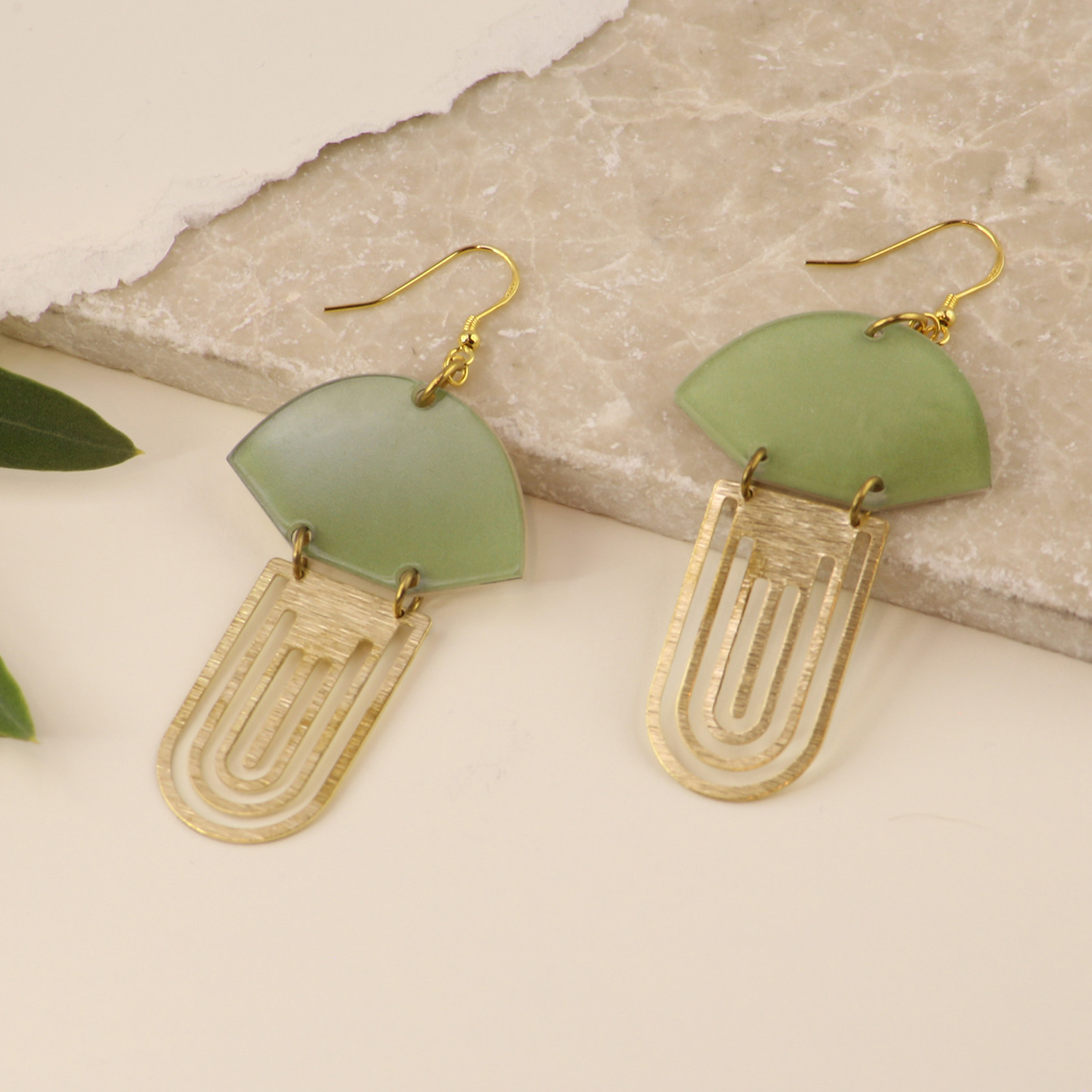 Jade Brass Art Deco Fan Drop Earrings