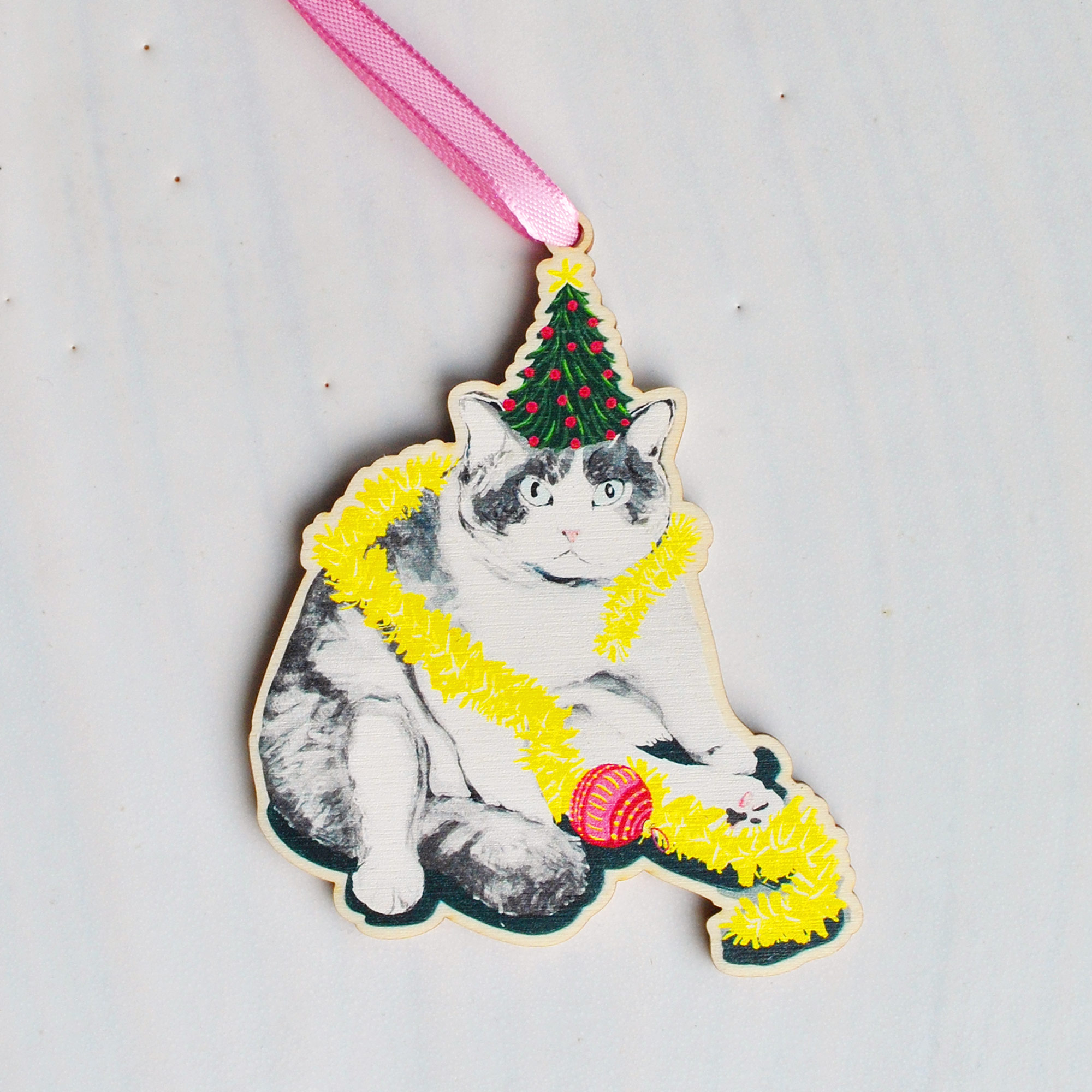 Festive Cat Wooden Decoration