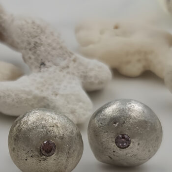 Molten Sterling Silver Stud Earrings with Pink Cubic Zirconia