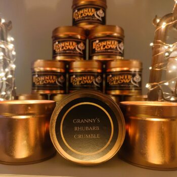 Bonnie Glow Granny's Rhubarb Crumble candle - Scottish dessert scented candle inspired by homemade baking