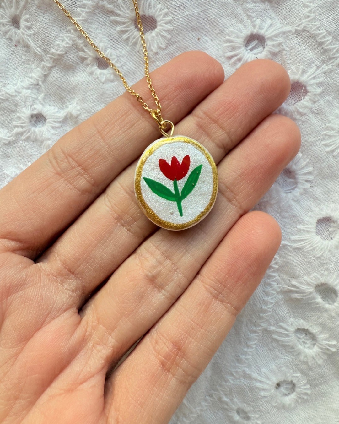 Hand Painted Red Tulip Oval Charm Necklace