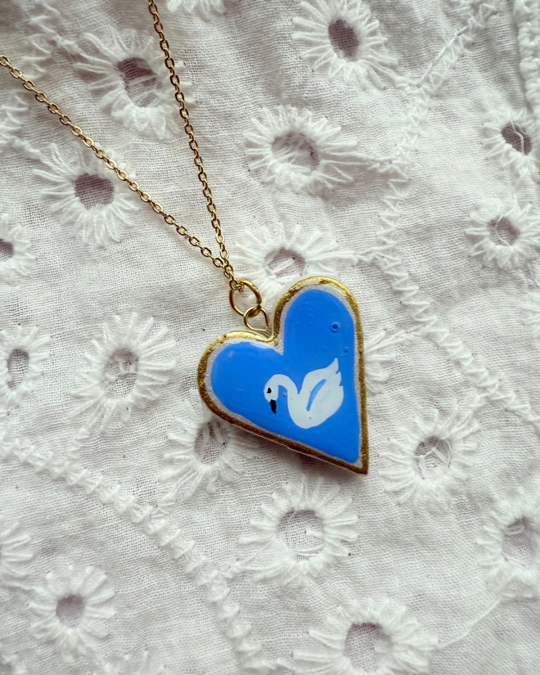 Hand Painted Blue and White Heart Swan Pendant