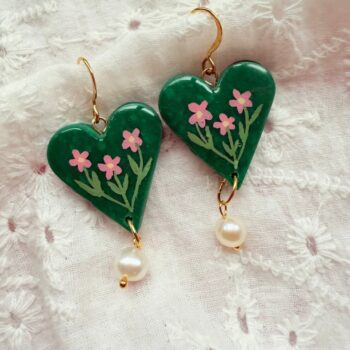 Emerald Green Heart Shaped Pink Floral Pearl Drop Earrings