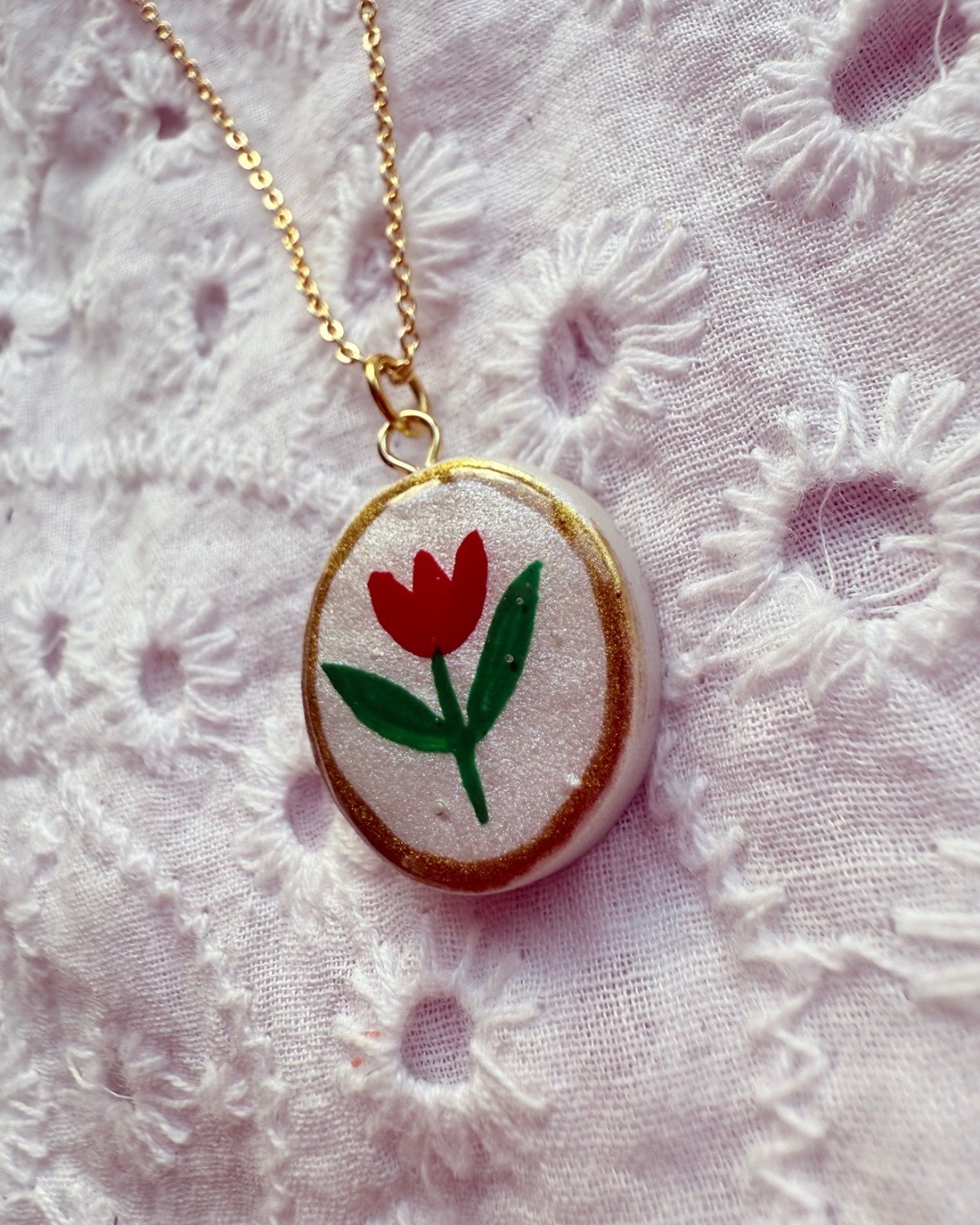 Hand Painted Red Tulip Oval Charm Necklace