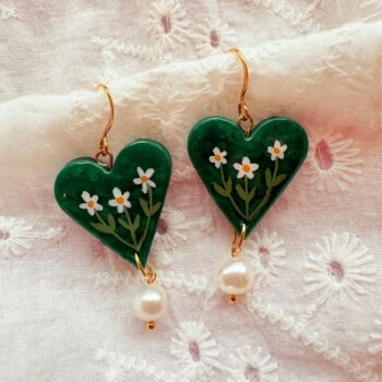 Emerald Green Heart Shaped Daisy Floral Pearl Drop Earrings