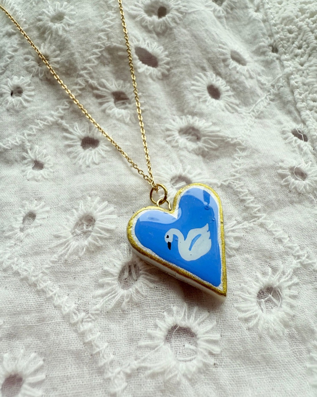 Hand Painted Blue and White Heart Swan Pendant